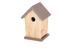 Dřevěná ptačí budka s hnědou střechou – otvor 2,6 cm