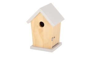 Dřevěná ptačí budka se světle šedou střechou – otvor 2,6 cm
